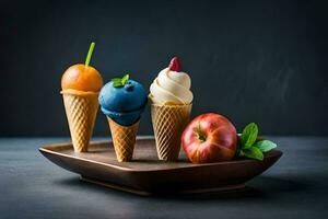 três gelo creme cones com fruta em uma de madeira bandeja. gerado por IA foto