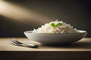 uma tigela do arroz com uma garfo e colher em uma de madeira mesa. gerado por IA foto