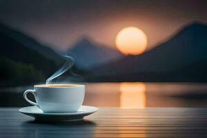 uma copo do café em uma de madeira mesa dentro frente do uma lago às pôr do sol. gerado por IA foto