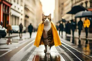 uma gato vestindo uma amarelo capa de chuva caminhando baixa uma rua. gerado por IA foto