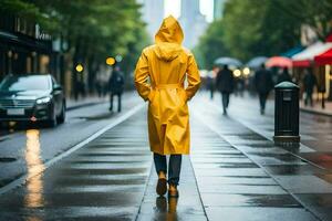 uma pessoa dentro uma amarelo capa de chuva caminhando baixa uma rua. gerado por IA foto