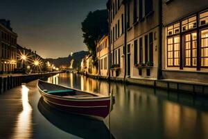 uma barco é ancorado em uma canal às noite. gerado por IA foto