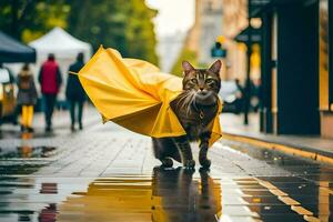 uma gato caminhando dentro a chuva com a guarda-chuva. gerado por IA foto