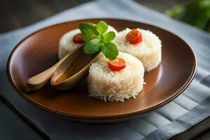 arroz com tomate e hortelã folhas em uma de madeira placa. gerado por IA foto