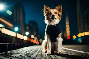 uma cachorro sentado em uma rua às noite. gerado por IA foto