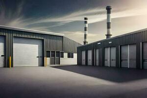 uma ampla industrial construção com dois garagem portas gerado por IA foto