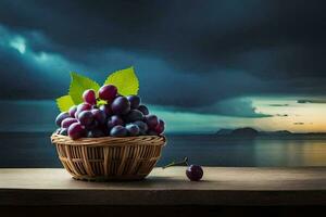 uvas dentro uma cesta em uma mesa com uma tempestade dentro a fundo. gerado por IA foto