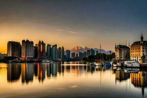 a cidade Horizonte é refletido dentro a água às pôr do sol. gerado por IA foto