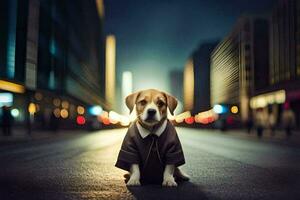 uma cachorro dentro uma terno sentado em a rua às noite. gerado por IA foto