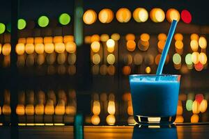 uma vidro do azul beber com uma Palha em uma mesa dentro frente do uma cidade fundo. gerado por IA foto