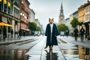 uma gato dentro uma casaco em pé em uma molhado rua. gerado por IA foto