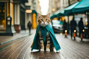 uma gato vestido Como uma Super heroi em pé em uma rua. gerado por IA foto