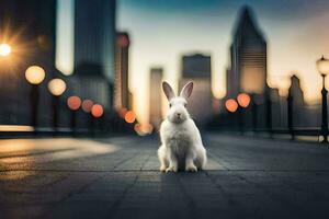 uma branco Coelho sentado em a calçada dentro frente do uma cidade. gerado por IA foto