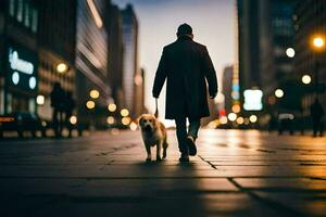 uma homem caminhando dele cachorro dentro a cidade às noite. gerado por IA foto