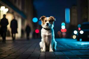 uma cachorro sentado em a rua às noite. gerado por IA foto