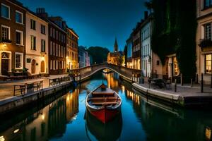 uma barco é ancorado dentro uma canal às noite. gerado por IA foto