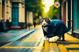 uma gato vestindo uma azul casaco em uma rua. gerado por IA foto