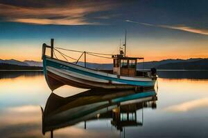 uma barco senta em a água às pôr do sol. gerado por IA foto