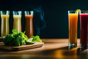 uma mesa com de várias óculos do suco e legumes. gerado por IA foto