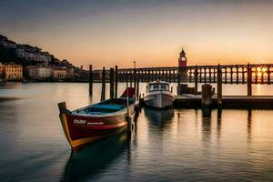 barcos ancorado às a cais às pôr do sol com uma farol dentro a fundo. gerado por IA foto