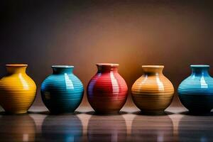 cinco colorida vasos forrado acima contra uma Sombrio fundo. gerado por IA foto