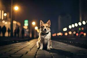 uma cachorro sentado em a rua às noite. gerado por IA foto