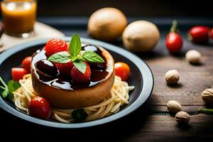 uma prato do massa com tomates, azeitonas e queijo. gerado por IA foto