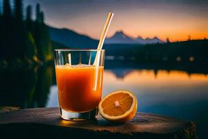 uma vidro do laranja suco com uma Palha e uma fatia do laranja em uma registro de uma lago. gerado por IA foto