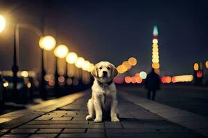 uma cachorro sentado em a calçada às noite. gerado por IA foto