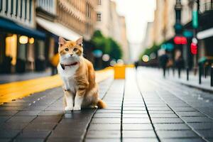 a laranja e branco gato sentado em a calçada. gerado por IA foto