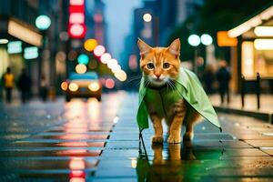 a laranja gato vestindo uma verde capa em uma cidade rua. gerado por IA foto