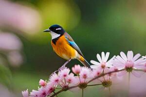 uma pequeno pássaro é empoleirado em uma Rosa flor. gerado por IA foto