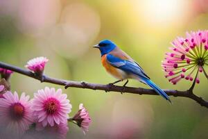 uma azul pássaro senta em uma ramo com Rosa flores gerado por IA foto