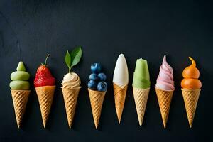 diferente tipos do gelo creme dentro cones em uma Preto fundo. gerado por IA foto