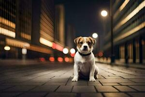 uma cachorro sentado em a rua às noite. gerado por IA foto