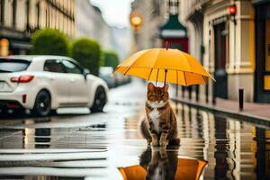 uma gato é em pé dentro a chuva com a guarda-chuva. gerado por IA foto