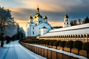 uma Nevado estrada conduz para uma Igreja com ouro cúpulas. gerado por IA foto