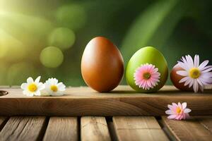 três ovos com flores em uma de madeira mesa. gerado por IA foto