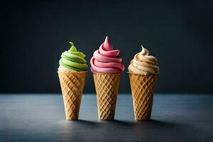 três gelo creme cones com diferente cores. gerado por IA foto