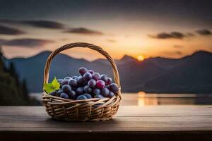 uvas dentro uma cesta, pôr do sol, montanhas, hd papel de parede. gerado por IA foto