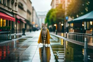 uma gato dentro uma amarelo capa de chuva em pé em uma molhado rua. gerado por IA foto