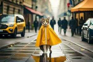 uma gato vestindo uma amarelo capa de chuva em uma cidade rua. gerado por IA foto