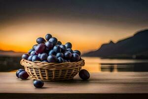 uvas dentro uma cesta em uma mesa. gerado por IA foto