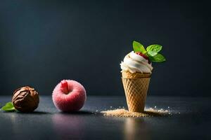 gelo creme dentro uma cone com chocolate e framboesas. gerado por IA foto