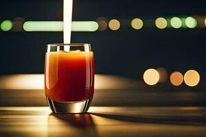 uma vidro do laranja suco com uma aceso vela. gerado por IA foto
