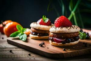 dois mini sanduíches com morangos e chocolate. gerado por IA foto