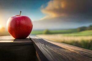 a maçã senta em uma de madeira mesa dentro frente do uma campo. gerado por IA foto