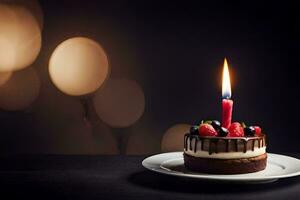 uma aniversário bolo com uma solteiro vela em isto. gerado por IA foto