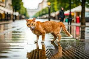 a laranja gato é em pé em uma molhado rua. gerado por IA foto