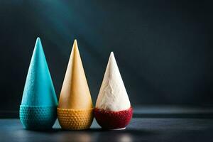 três gelo creme cones dentro diferente cores em uma Sombrio fundo. gerado por IA foto